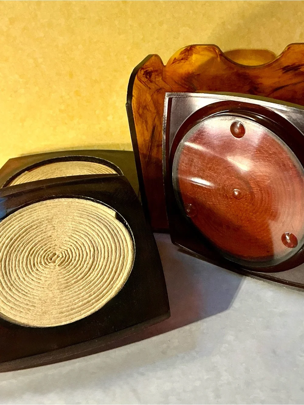 Vintage Coaster Holder Set Georges Briard Faux Tortoise Shell Lucite Raffia MCM